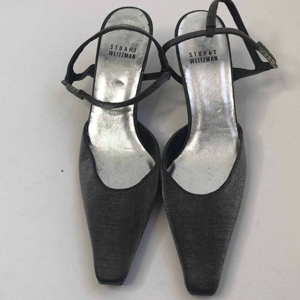 Stuart Weitzman silver metallic pointy square toe kitten heel slingbacks - Picture 5 of 6